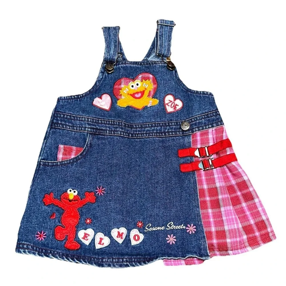 Y2K Rare Sesame Street Elmo Zoe Denim Overall Jumper Dress Embroidered Girls 18M